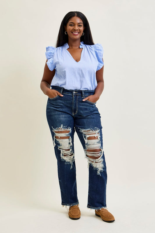 Lisse Mid Rise Ripped Straight Fit Jeans - PLUS