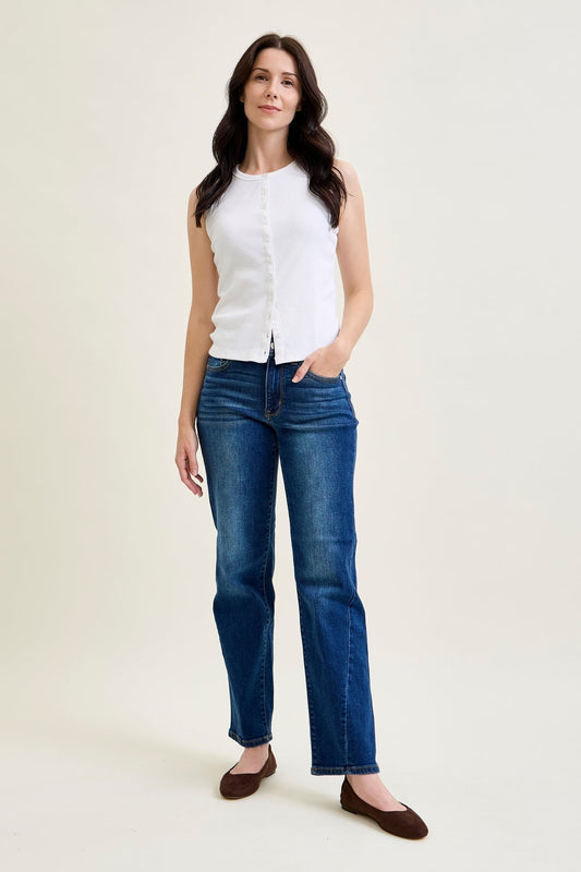 Aubrey Mid Rise Side Seam Detail Straight Jeans