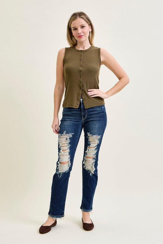 Lisse Mid Rise Ripped Straight Fit Jeans