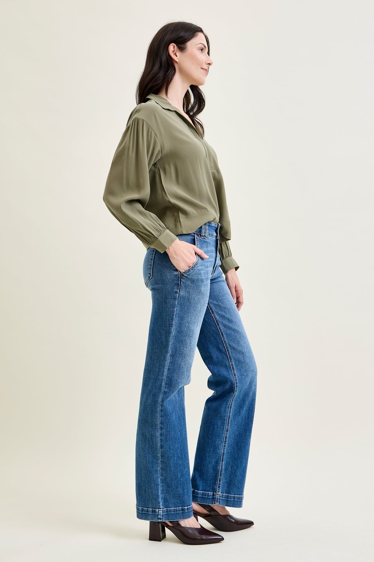 Clementine High Rise Double Button Wide Leg Denim Jeans