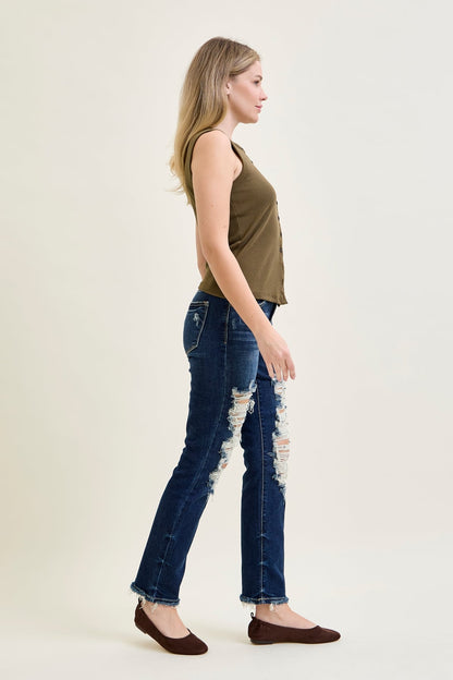 Lisse Mid Rise Ripped Straight Fit Jeans
