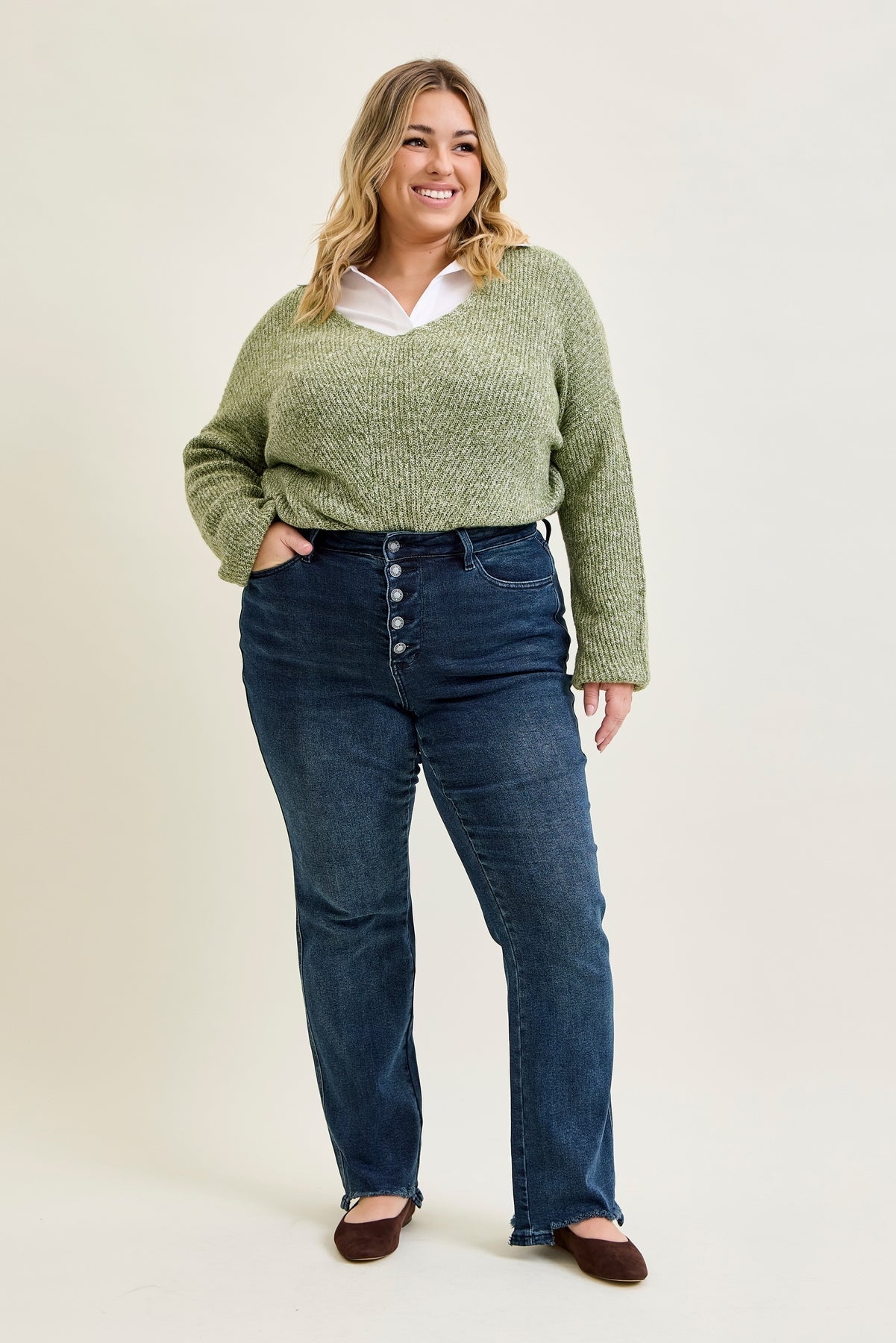 Lisa High Rise Button Fly Hem Distressed Straight Jeans - PLUS