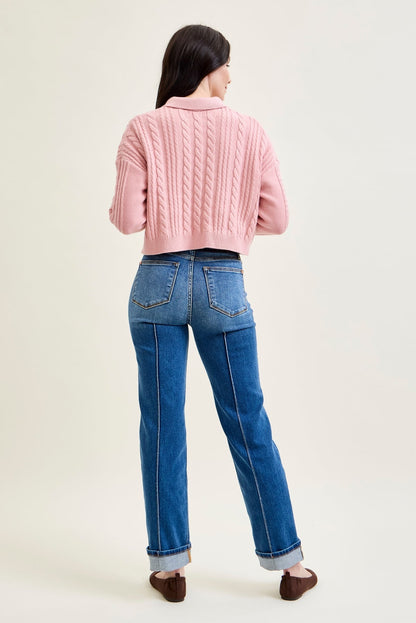 Sally High Rise Front Seam Detail & Cuffed Straight Fit Jeans