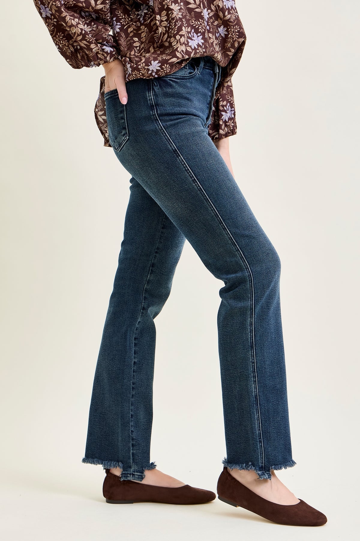 Lisa High Rise Button Fly Hem Distressed Straight Jeans