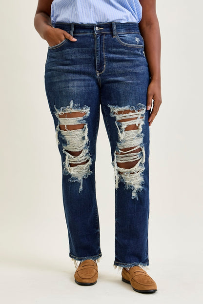 Lisse Mid Rise Ripped Straight Fit Jeans - PLUS