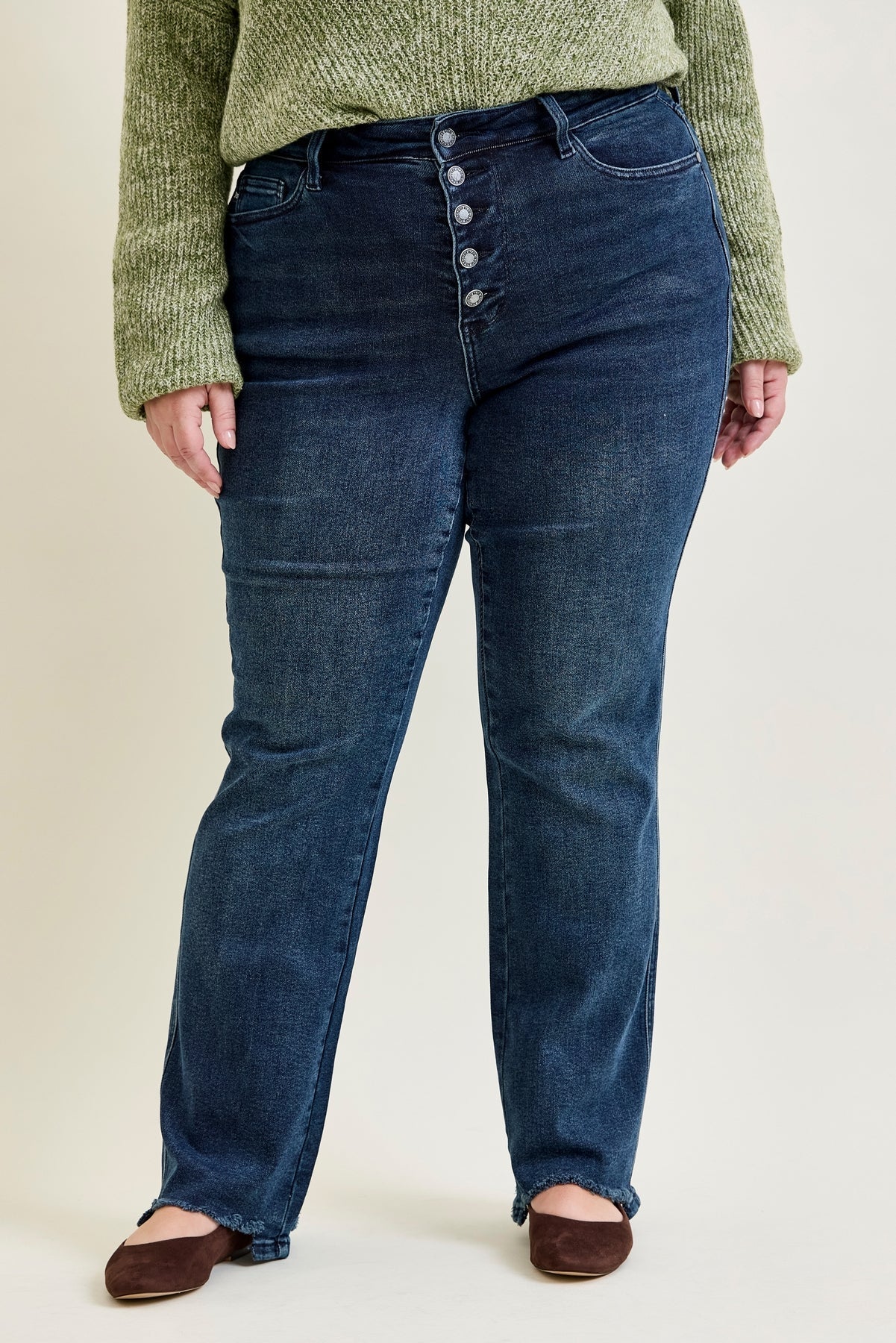 Lisa High Rise Button Fly Hem Distressed Straight Jeans - PLUS