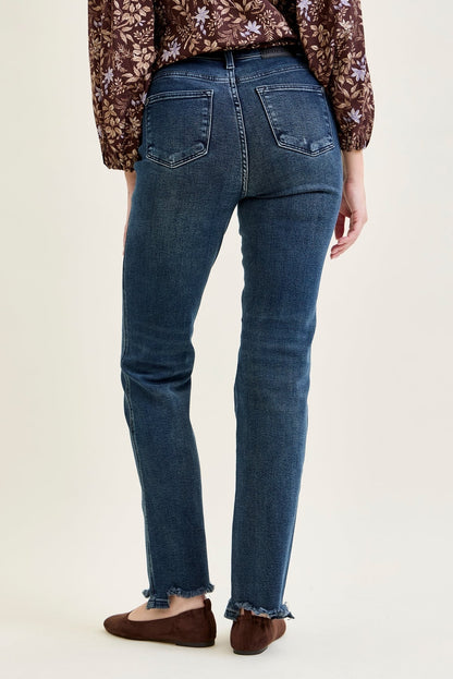 Lisa High Rise Button Fly Hem Distressed Straight Jeans