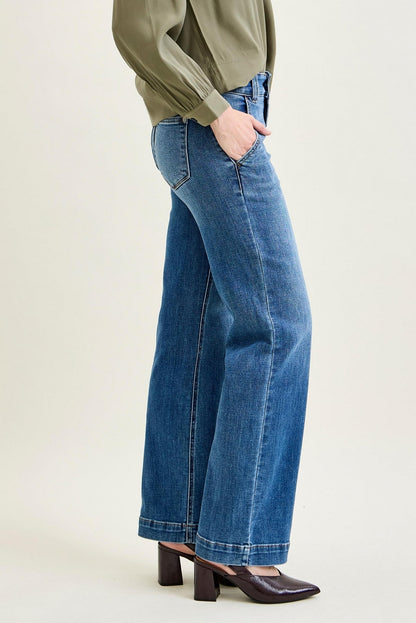 Clementine High Rise Double Button Wide Leg Denim Jeans